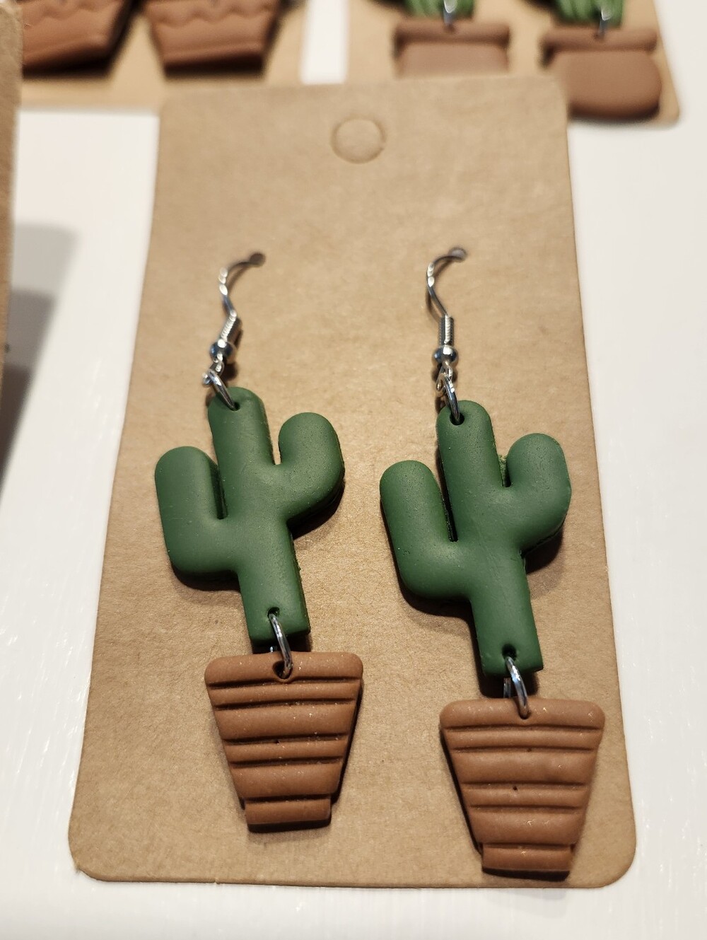 Handmade Clay Green Cactus Pot Dangle Earrings
